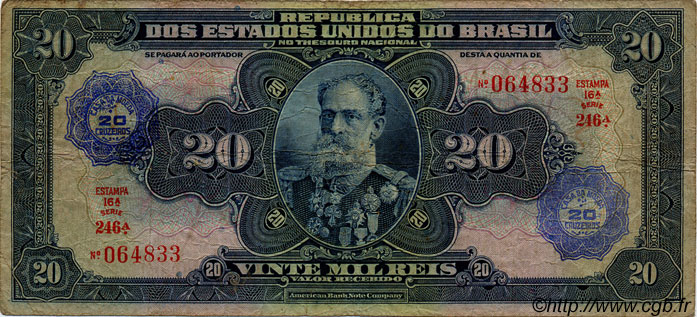 20 Cruzeiros sur 20 Mil Reis BRAZIL  1942 P.127 VG