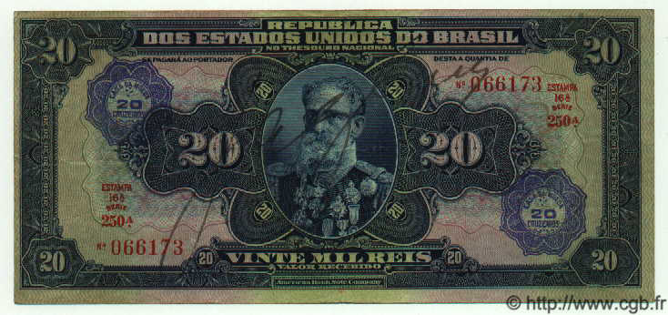 20 Cruzeiros sur 20 Mil Reis BRAZIL  1942 P.127 VF