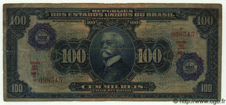 100 Cruzeiros sur 100 Mil Reis BRASILIEN  1942 P.129 SGE to S