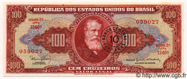 10 Centavos 100 Cruzeiros BRASILIEN  1967 P.185b ST