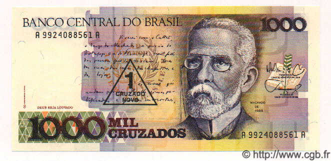 1 Cruzado Novo sur 1000 Cruzados BRAZIL  1989 P.216 UNC