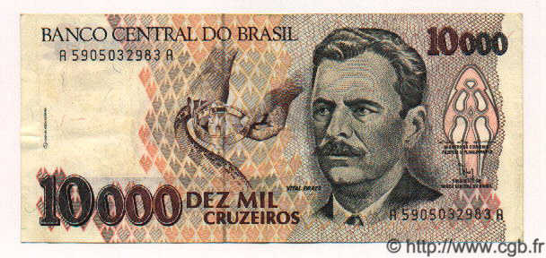 10000 Cruzeiros BRAZIL  1992 P.233 VF