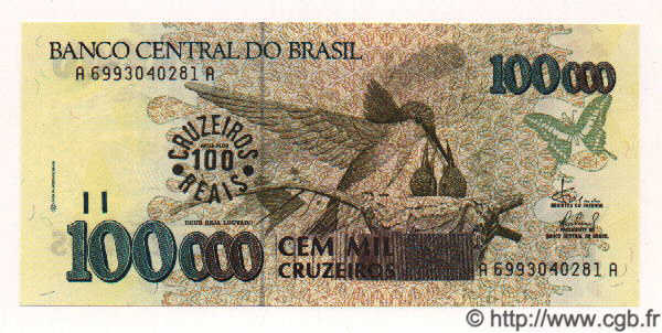 100 Cruzeiros Reais sur 100000 Cruzeiros BRASIL  1993 P.238 FDC