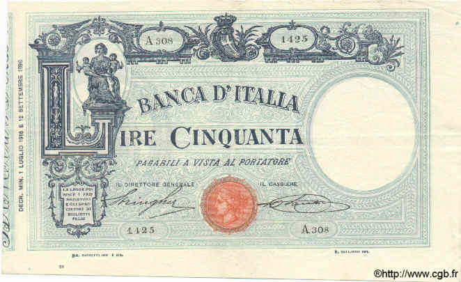 50 Lire ITALY  1918 P.038c VF+