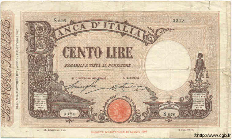 100 Lire ITALY  1927 P.048a F