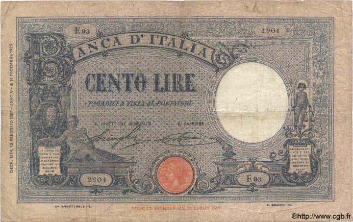 100 Lire ITALY  1927 P.050a VG
