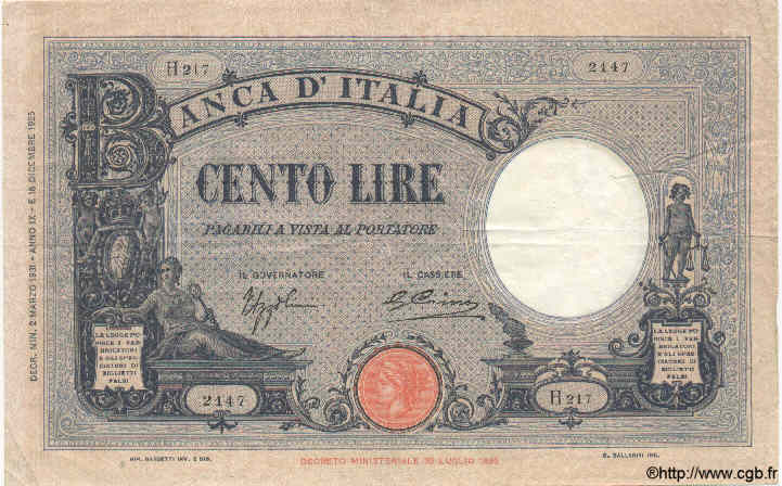 100 Lire ITALY  1931 P.050c VF-