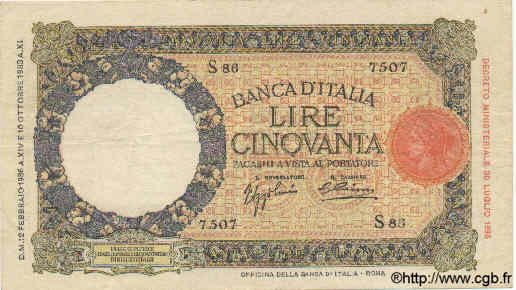 50 Lire ITALY  1936 P.054a VF