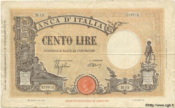 100 Lire ITALY  1942 P.059 F - VF