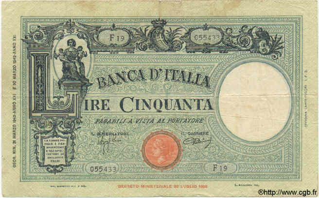 50 Lire ITALY  1943 P.064a F+