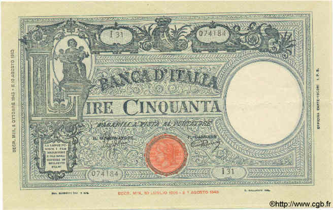 50 Lire ITALIEN  1943 P.065 fVZ to VZ
