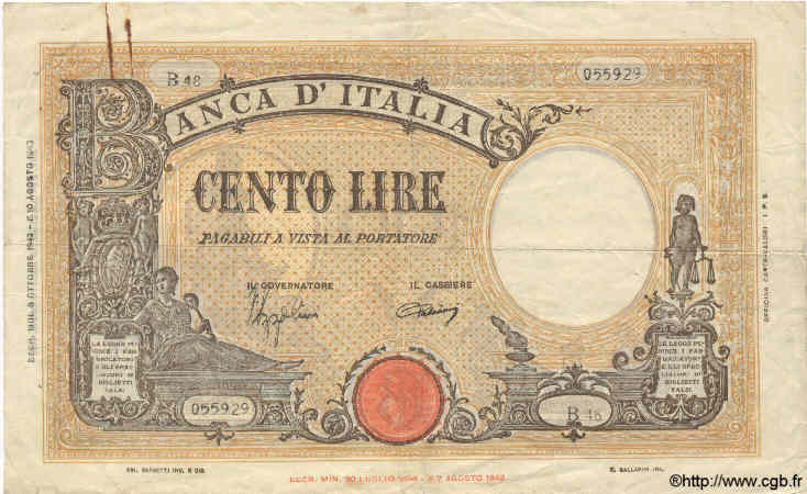 100 Lire ITALY  1943 P.067a F - VF