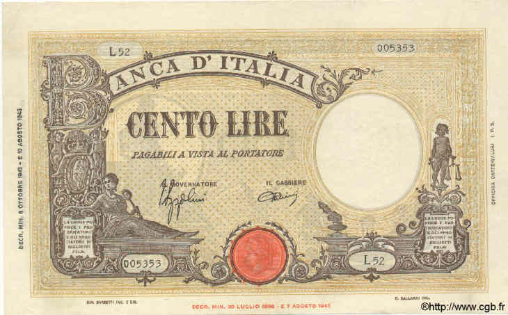 100 Lire ITALIEN  1943 P.067a fVZ