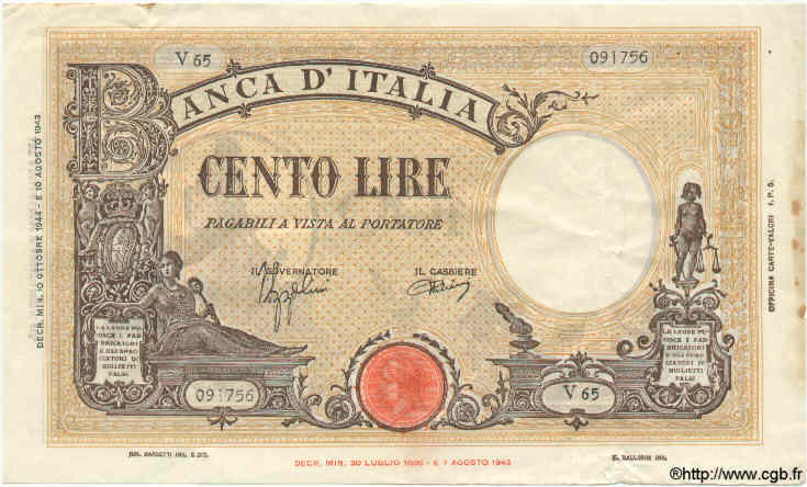 100 Lire ITALIEN  1944 P.067a fVZ to VZ