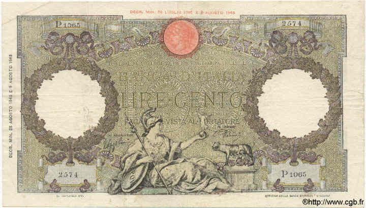 100 Lire ITALY  1943 P.068 F