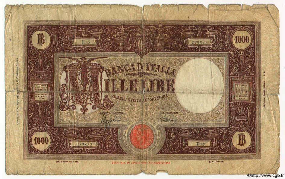 1000 Lire ITALY  1944 P.072a P
