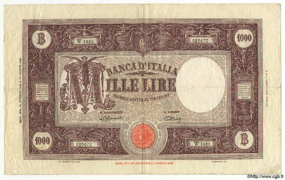1000 Lire ITALIEN  1946 P.072c fSS