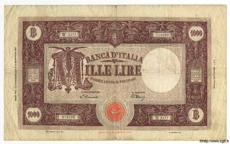 1000 Lire ITALY  1947 P.081a VG