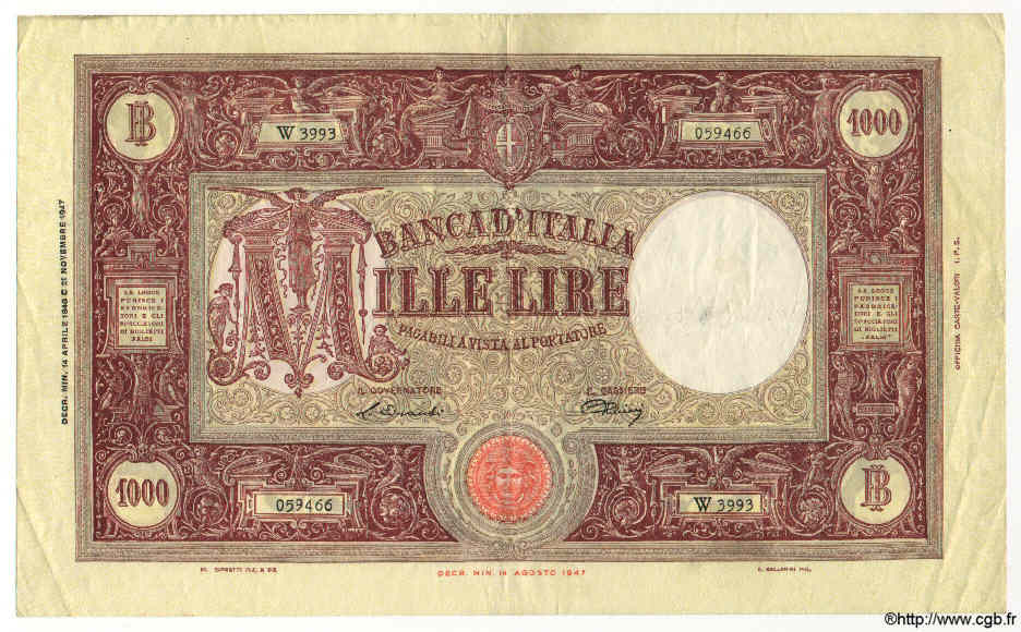 1000 Lire ITALIEN  1948 P.081a SS