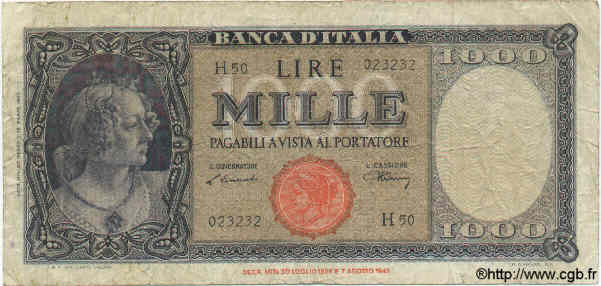 1000 Lire ITALIEN  1947 P.082 SGE to S