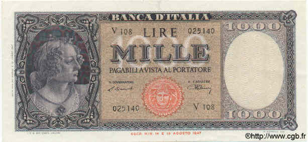 1000 Lire ITALY  1947 P.083 VF - XF