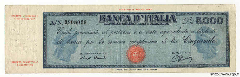5000 Lire ITALIA  1947 P.086a MB a BB