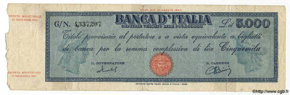 5000 Lire ITALY  1949 P.086b G
