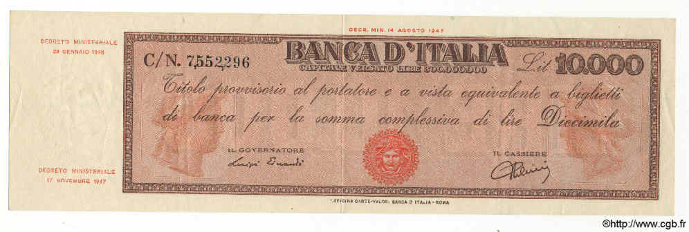 10000 Lire ITALIEN  1948 P.087a VZ