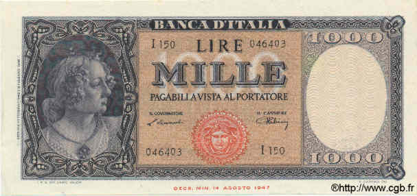 1000 Lire ITALY  1948 P.088a AU