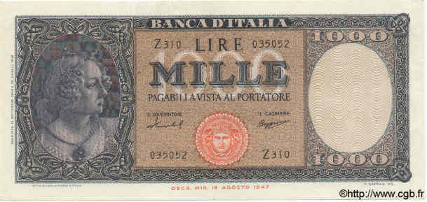 1000 Lire ITALY  1959 P.088c AU