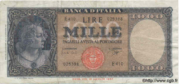 1000 Lire ITALIEN  1961 P.088d SS