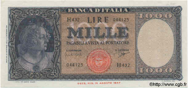 1000 Lire ITALIA  1961 P.088d AU+