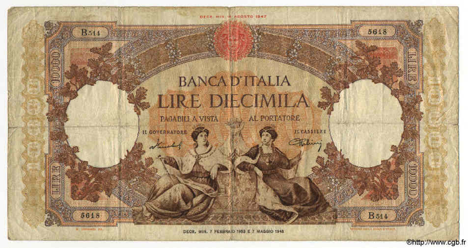 10000 Lire ITALIEN  1953 P.089b fS