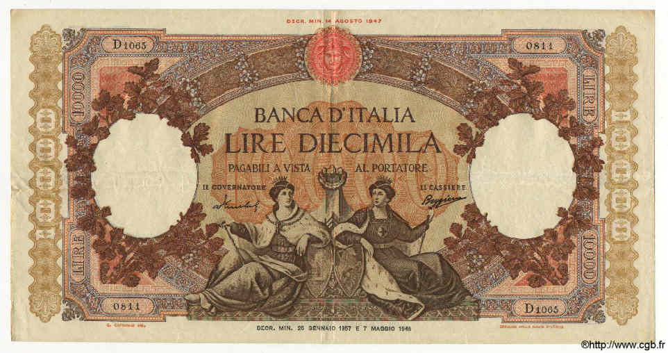 10000 Lire ITALIA  1957 P.089c MBC+