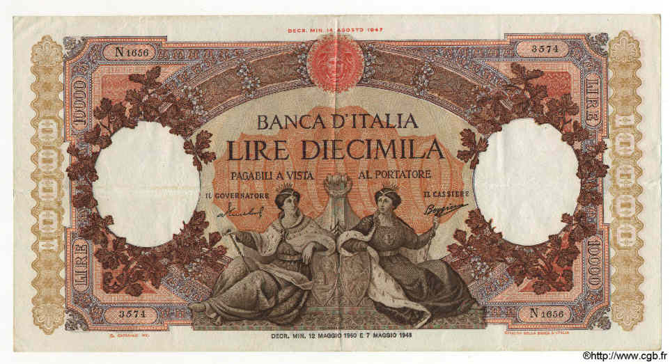 10000 Lire ITALY  1960 P.089c VF+