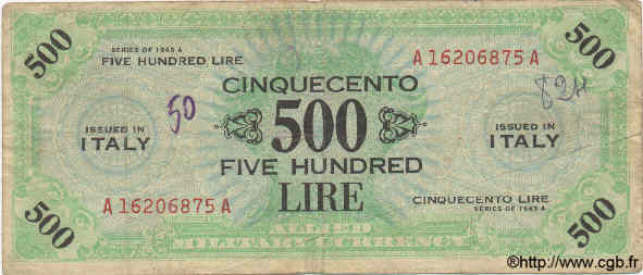 500 Lires ITALY  1943 PM.22a VG