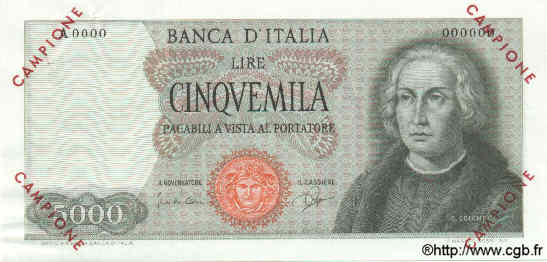5000 Lire Spécimen ITALY  1964 P.098a AU+