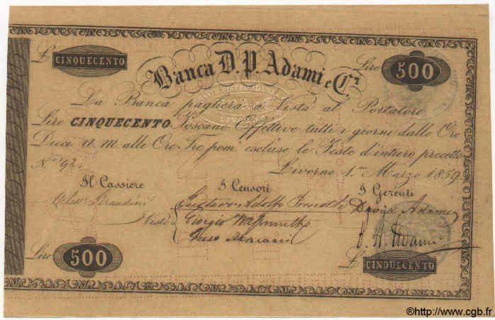 500 Lires ITALIA  1859 PS.292 FDC