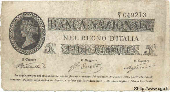 5 Lires Faux ITALIE  1866 PS.733 TTB