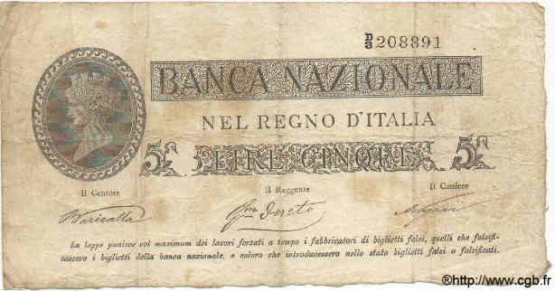 5 Lires ITALY  1866 PS.214 F+