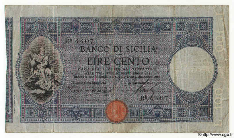 100 Lires ITALIEN  1896 PS.453a S to SS
