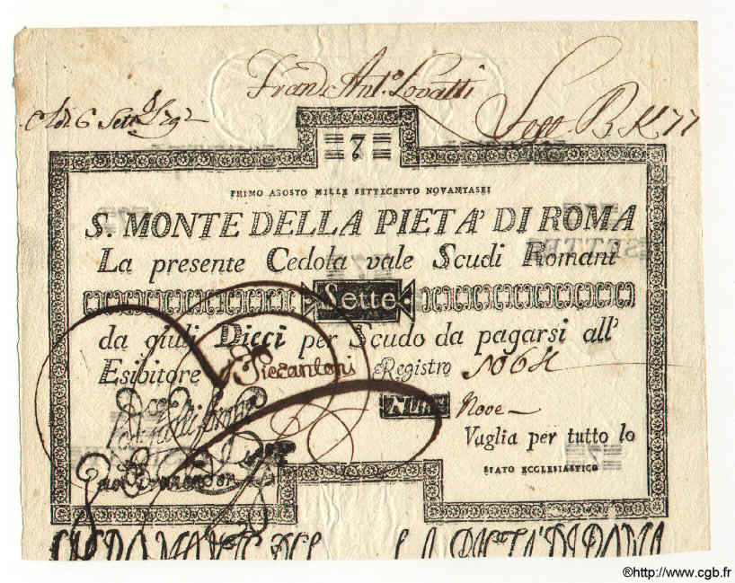 7 Scudi ITALIEN  1796 PS.305 VZ+