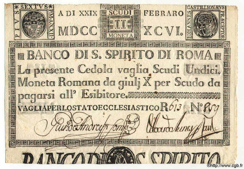 11 Scudi ITALY  1796 PS.385 XF+