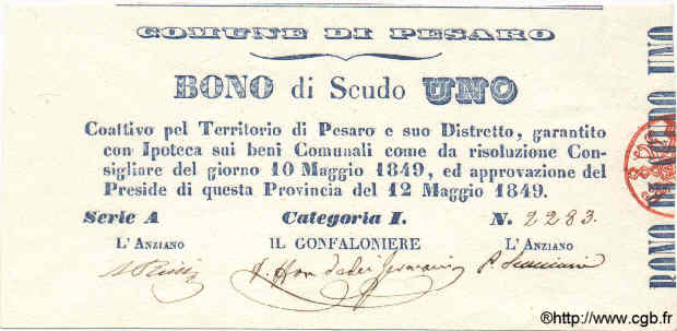 1 Scudo ITALY  1849 PS.- UNC