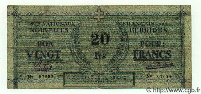 20 Francs NUEVAS HÉBRIDAS  1943 P.02 BC+