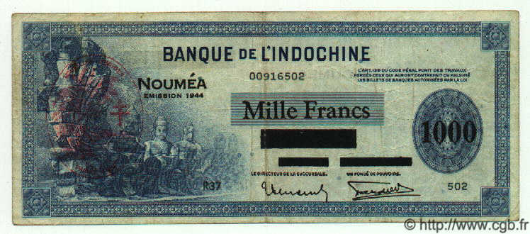 1000 Francs NUOVE EBRIDI  1944 P.13 q.BB a BB