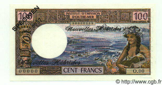100 Francs Spécimen NUOVE EBRIDI  1972 P.18s FDC