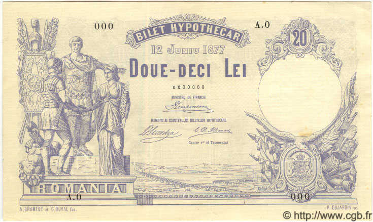20 Lei Spécimen ROMANIA  1877 P.003s AU