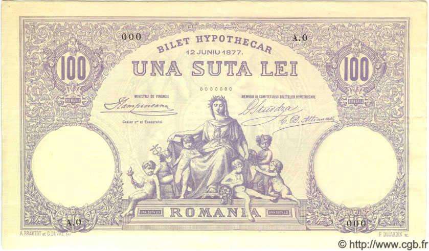 100 Lei Spécimen ROMANIA  1877 P.005s UNC-