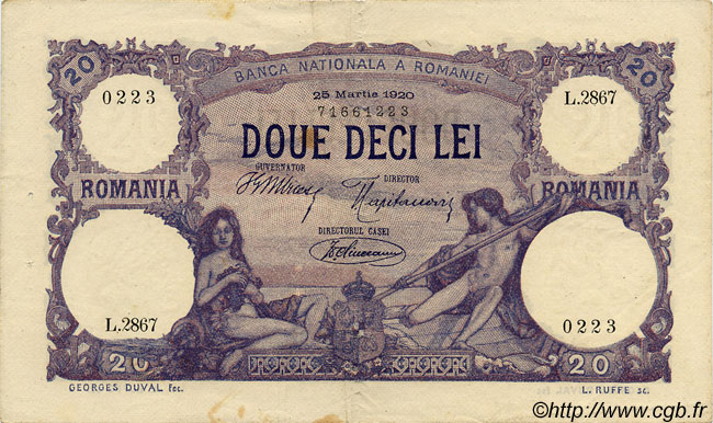 20 Lei ROMANIA  1920 P.020 VF